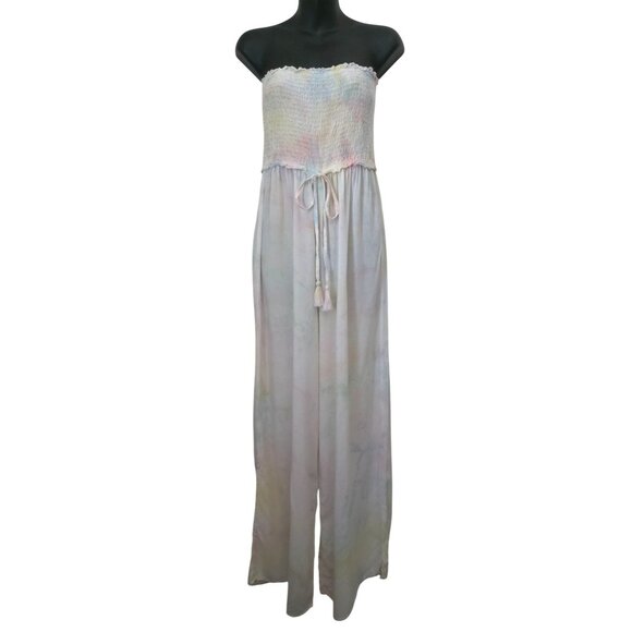 Kiki & Bean Pants - Kiwi + Punch Strapless Pastel Tie-Dye Wide-Leg Rayon Jumpsuit Smocked Bodice Sz